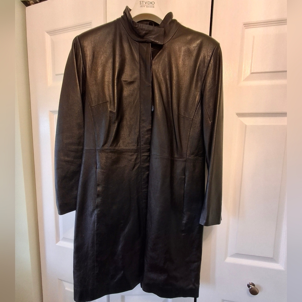 Black Leather Jacket with Lapel Collar and Long Sleeves